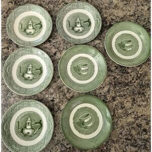 Old Curiosity Shop Green Transferware Plates Teapot Bucket Set of 7